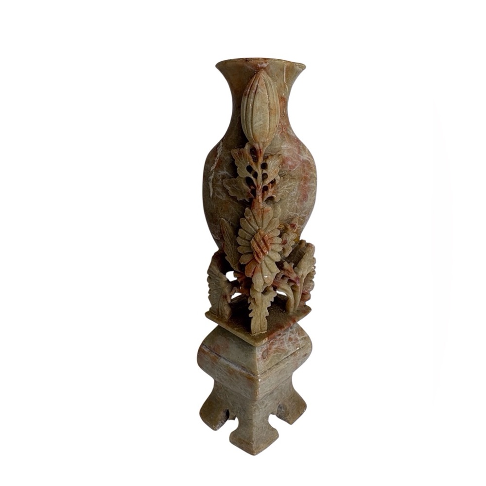 Hand Carved Bud Vase - Soapstone 6.5" Chinoiserie Floral Tan Orange- Vintage